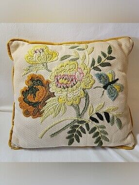 Vintage Handmade Raised Crewel Embroidered Pillow Square Flowers Spring 12"